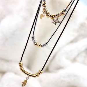 Handmade Black Leather Necklace with golfi gold and golfi gold charms